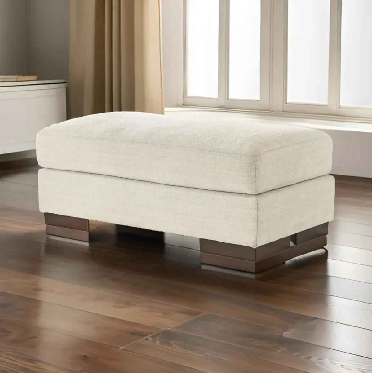 Magg 44 Inch Ottoman, Low Profile Block Feet, Beige Polyester Upholstery - Benzara