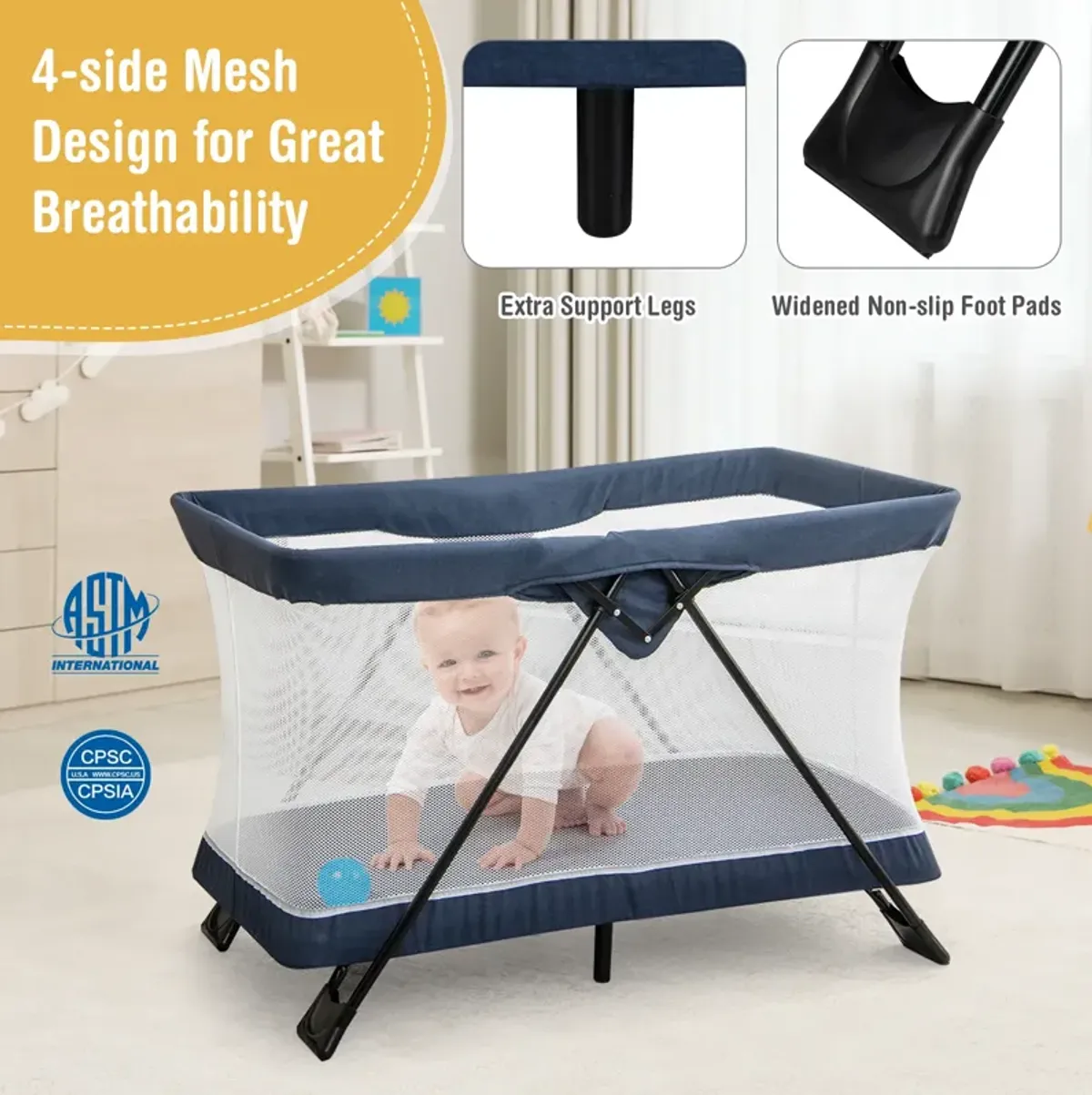 Foldable Baby Playpen with Removable Mattress and Washable Cover