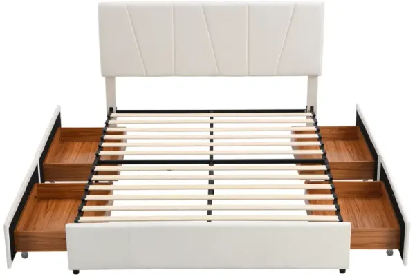 Queen Size Upholstered Platform Bed with Four Drawers on Two Sides, Adjustable Headboard