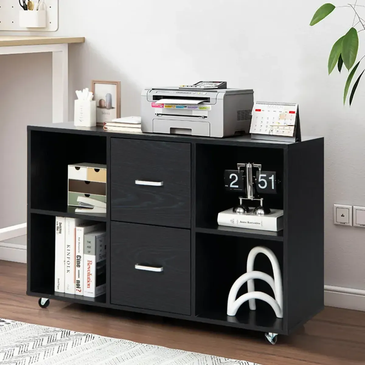 2 Drawer Wood Mobile File Cabinet with 4 Open Compartments