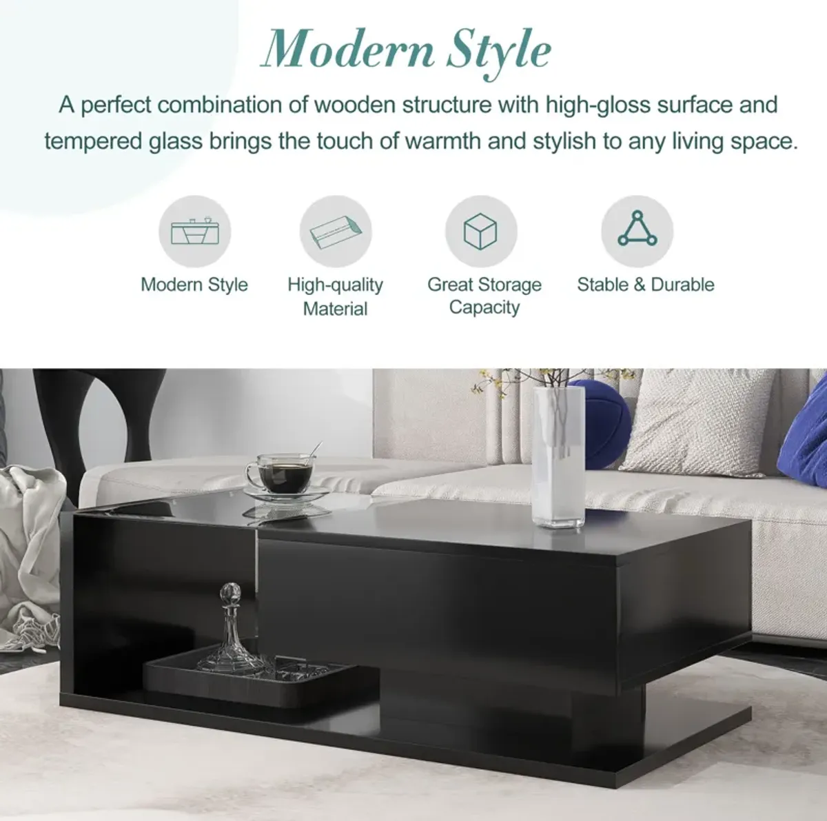 Merax Modern Coffee Table with Tempered Glass