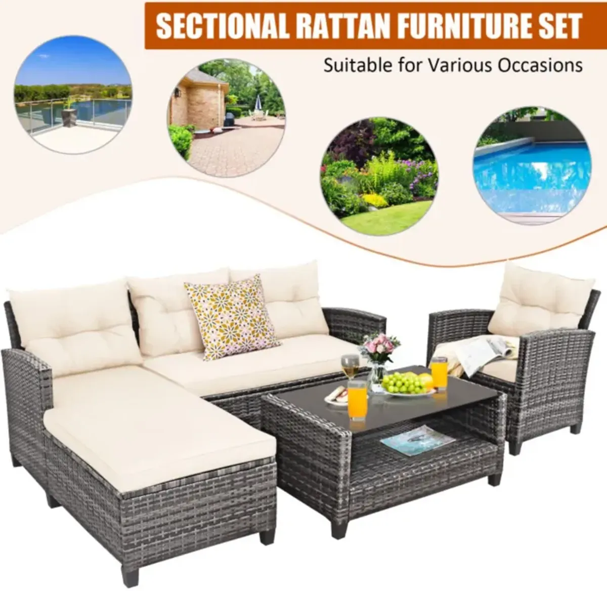 Hivvago 4 Pieces Patio Rattan Furniture Set with Cushion and Table Shelf