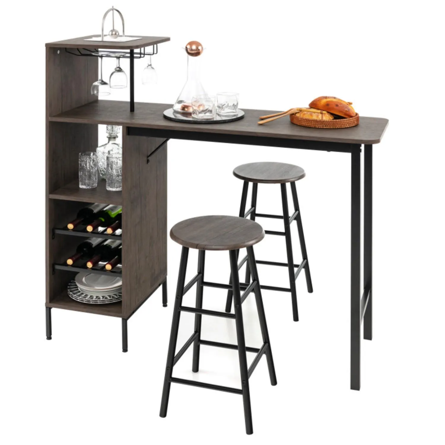 3 Piece Bar Table and Chairs Set with 6-Bottle Wine Rack