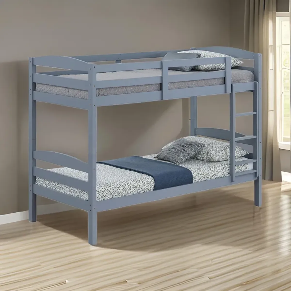 Sifa Twin Bunk Bed, Convenient Ladder, Arch Slat Design, Gray Solid Wood