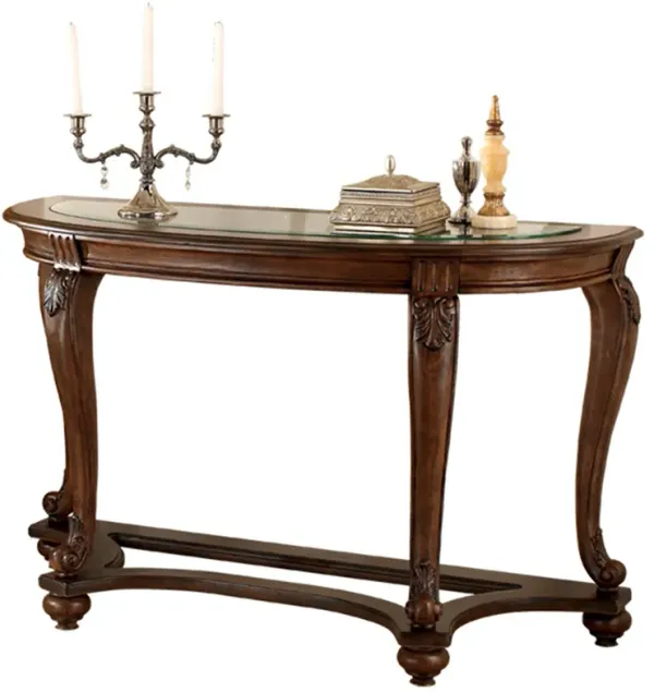 Halfmoon Shape Wooden Sofa Table with Glass Inserted Top, Brown-Benzara