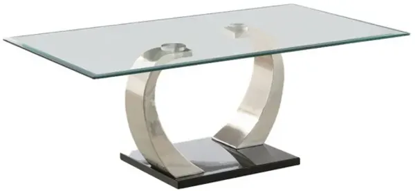 Floating Glass Top Coffee Table with Metal Support, Clear and Silver-Benzara