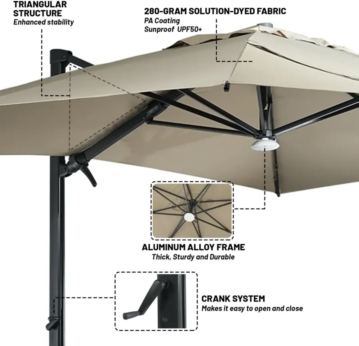 10x13 ft. 360° Rotation Cantilever Patio Umbrella with BaseandBT in Taupe