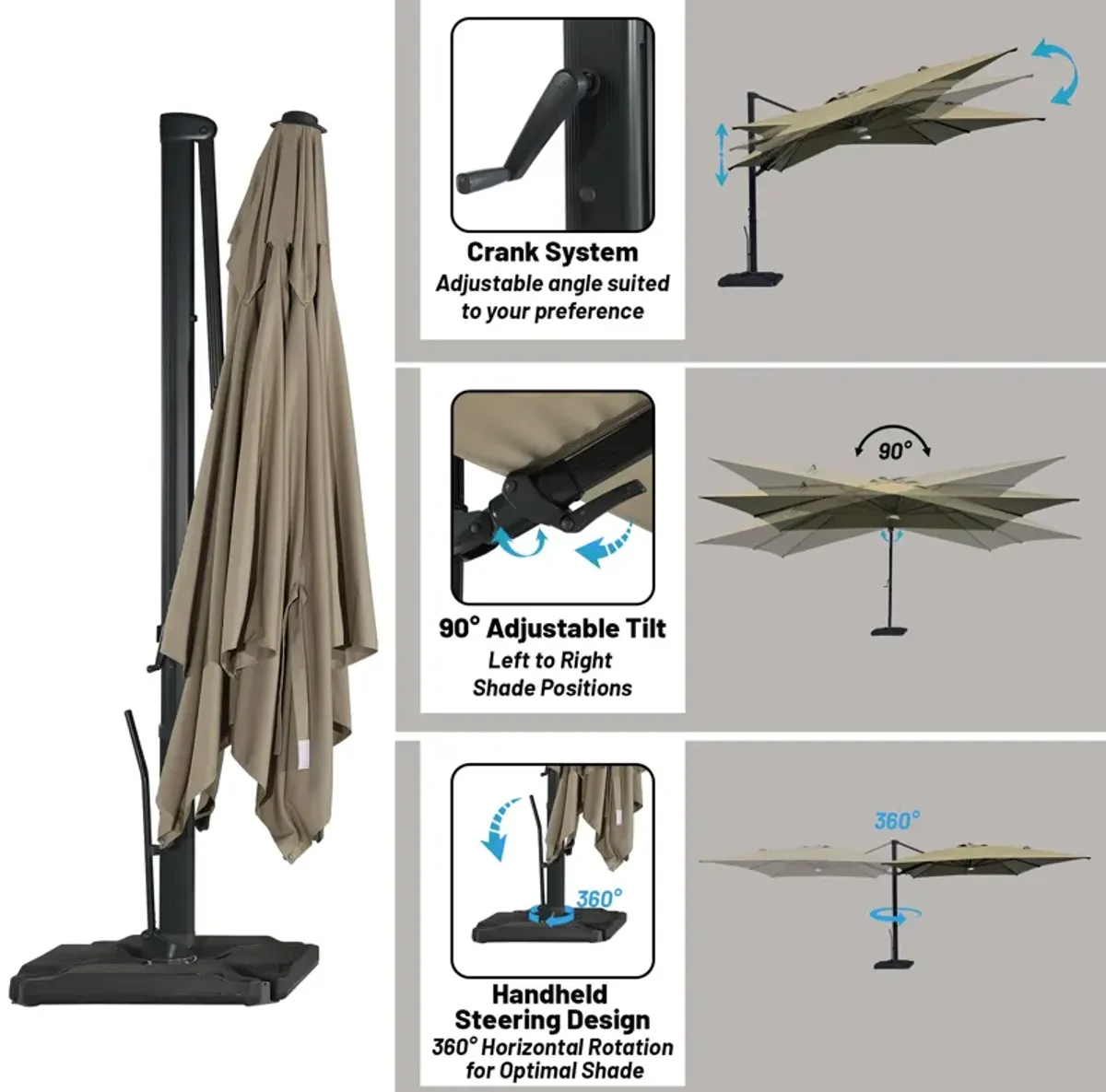 10x13 ft. 360° Rotation Cantilever Patio Umbrella with BaseandBT in Taupe