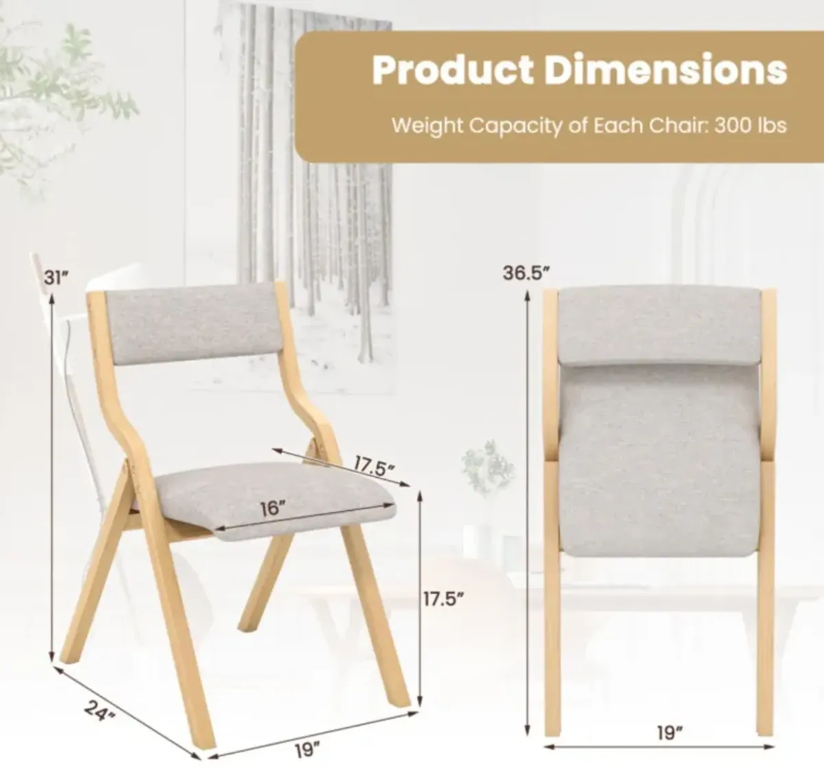 Hivvago Wooden Folding Dining Chair with Linen Fabric Padded Seat and Backrest