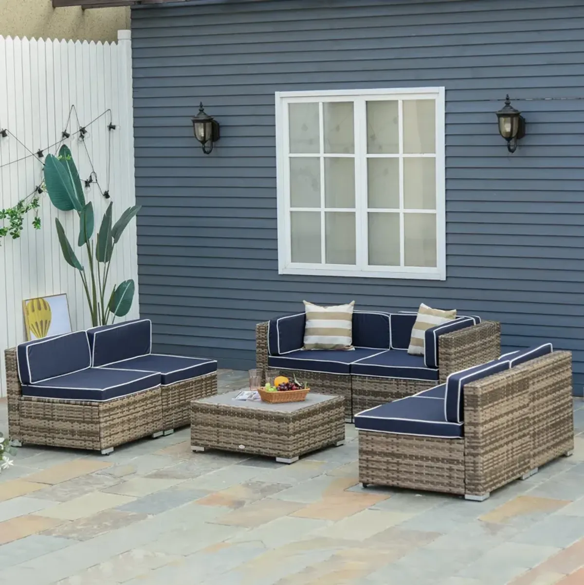 Blue Patio Ensemble: 7-Piece PE Rattan Wicker Sofa Set with Wood Table