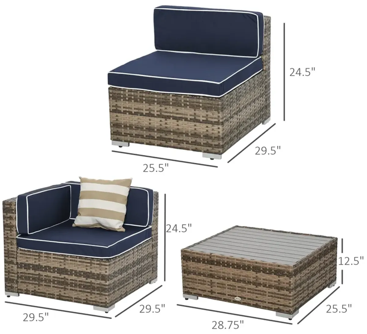 Blue Patio Ensemble: 7-Piece PE Rattan Wicker Sofa Set with Wood Table