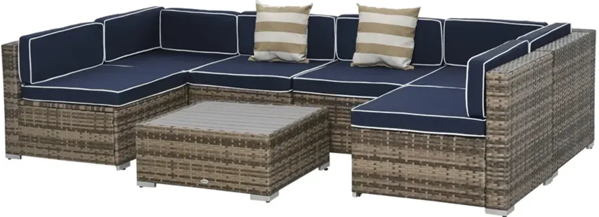 Blue Patio Ensemble: 7-Piece PE Rattan Wicker Sofa Set with Wood Table