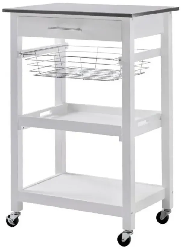 White Stainless Steel Top Kitchen Cart with Drawer and Storage Shelves