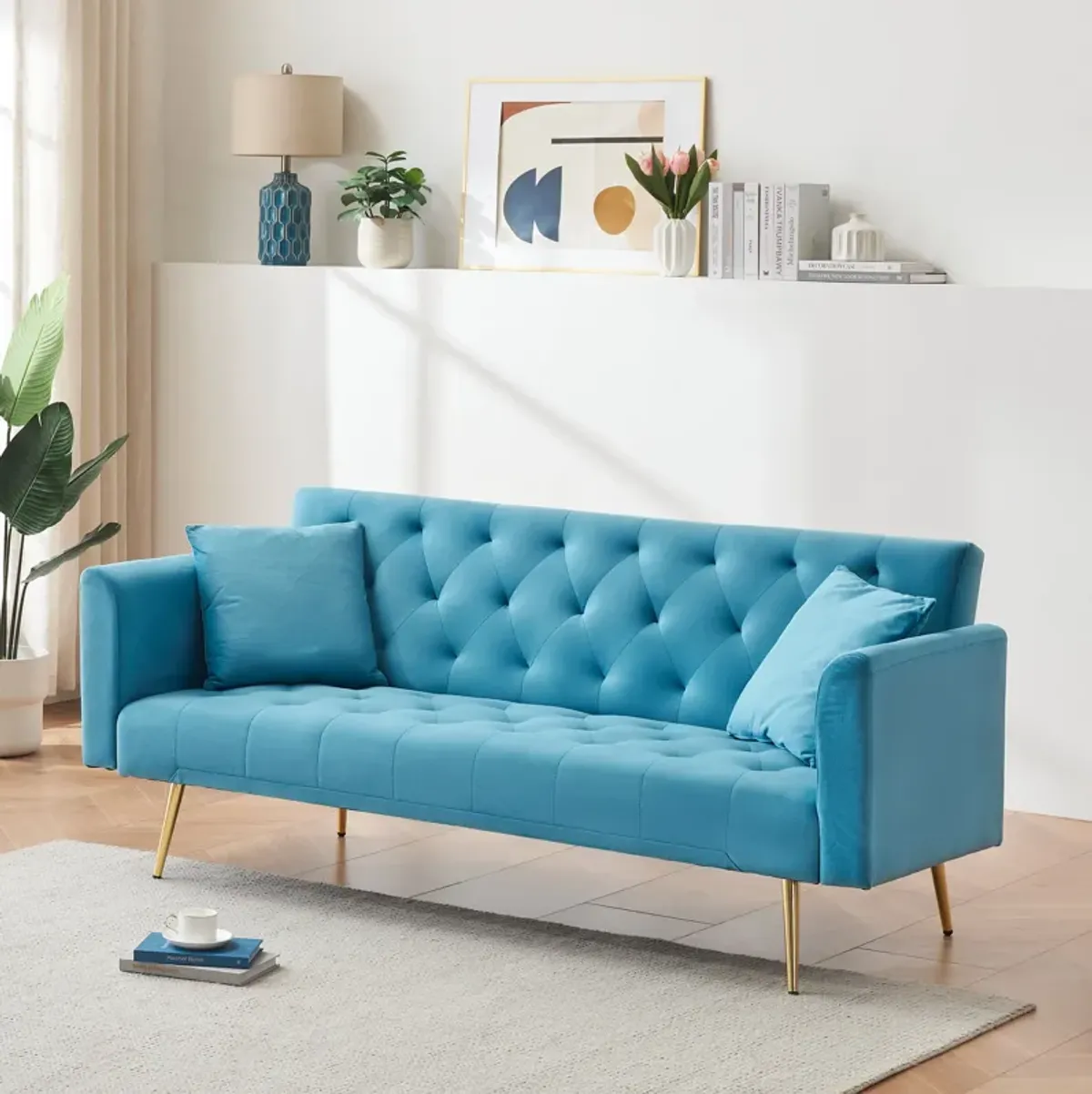 Merax Velvet Fabric Convertible Loveseat Sofa