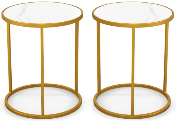 16 Inch Marble Top Round Side Table with Golden Metal Frame for Living Room Bedroom