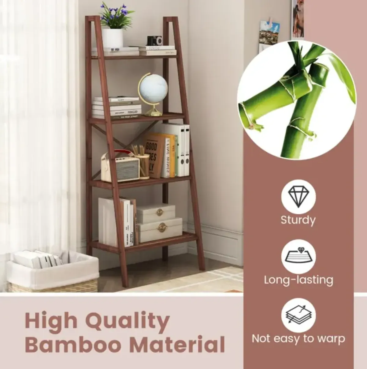 Hivvago 58 Inch 4-Tier Bamboo Ladder Bookshelf