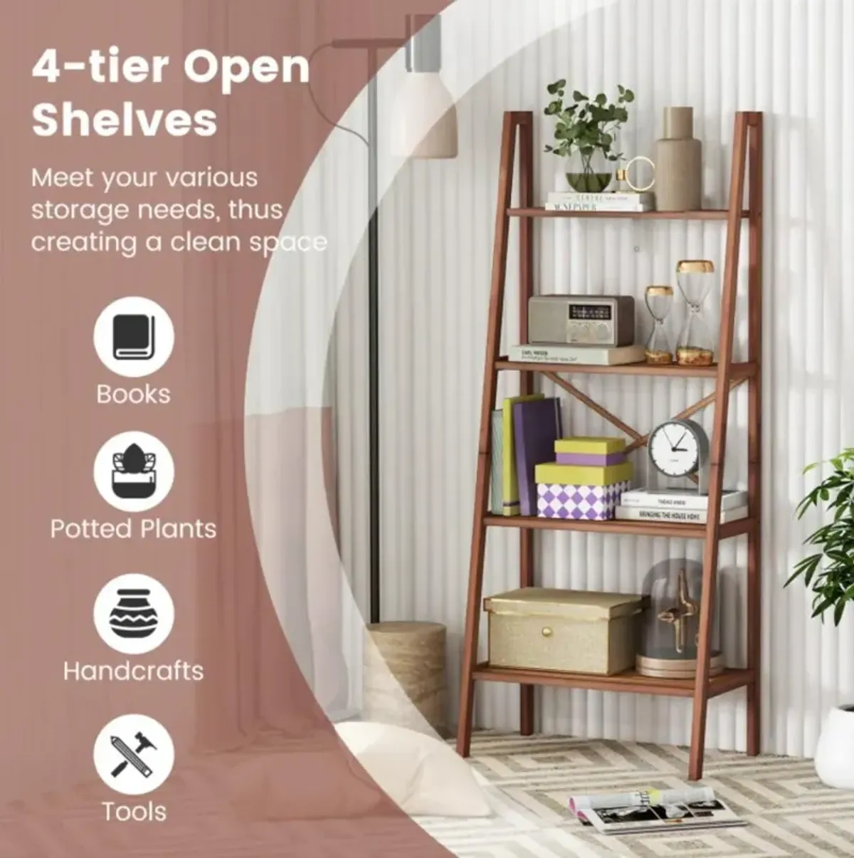 Hivvago 58 Inch 4-Tier Bamboo Ladder Bookshelf