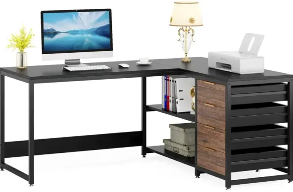 Tribesigns L Shaped Computer Desk with Storage Drawers, 59 inch Corner Desk with Shelves, Reversible L-Shaped Office Desk Study Writing Table Workstation for Home Office, Black