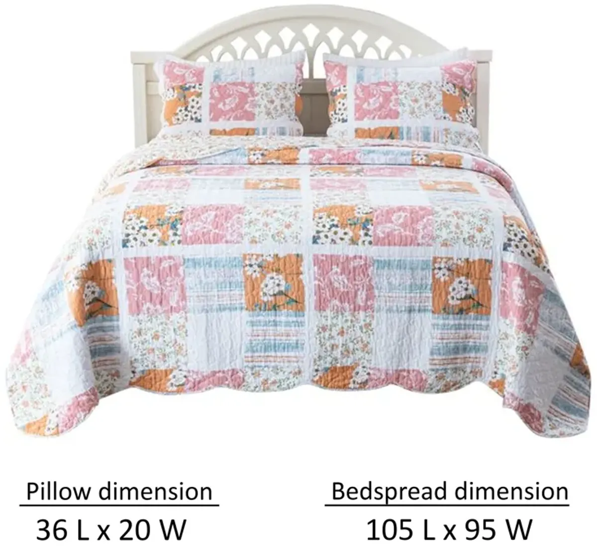 Vanie 3pc King Quilt Set, Pillow Shams, Scalloped, Blue White Pink Cotton