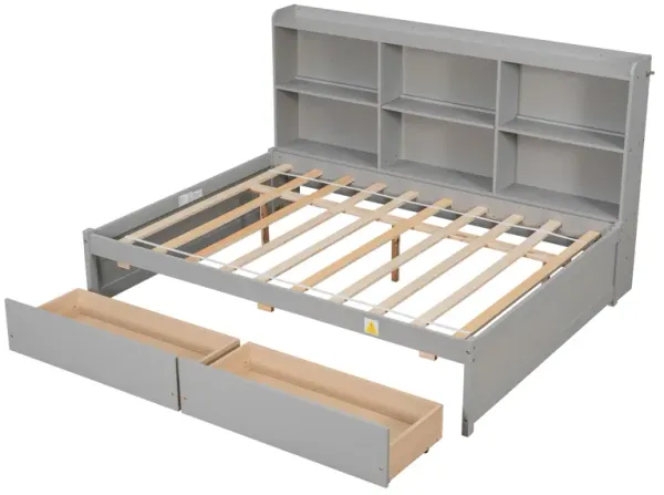 Full Bed with Side Bookcase, Drawers,Grey