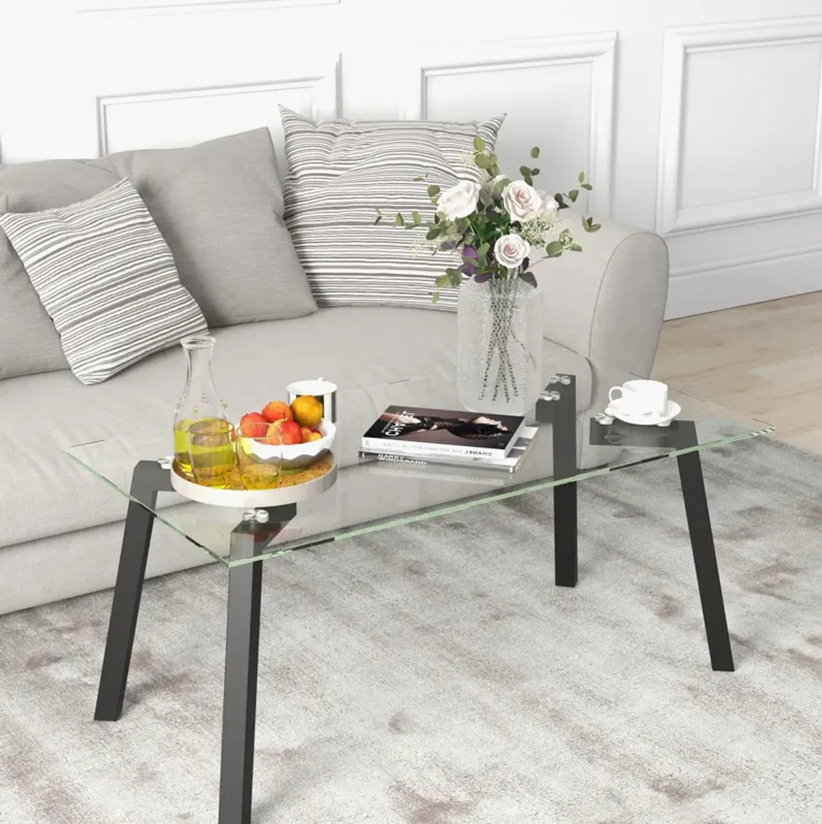 Modern Tempered Glass Coffee Table with Metal Frame for Living Room