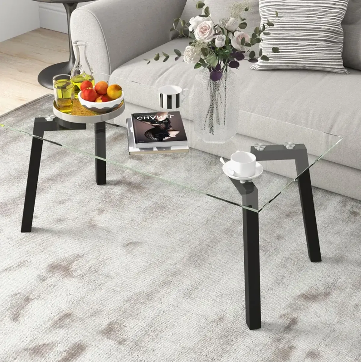 Modern Tempered Glass Coffee Table with Metal Frame for Living Room