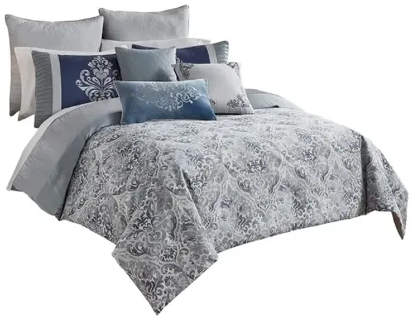 10 Piece King Polyester Comforter Set with Damask Prints, Blue and Gray - Benzara