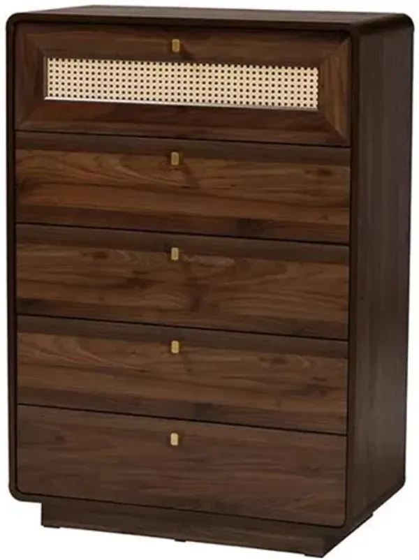 Baxton Studio Jenibelle Classic Walnut Brown Wood 5-Drawer Chest with Rattan Drawer