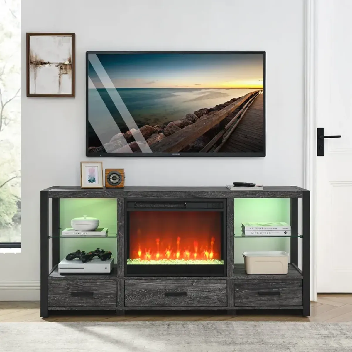 MONDAWE 23 Inch Electric Fireplace Insert, Ultra Thin Heater With Crystal  & Realistic Flame, Remote Control With timer, Side Light