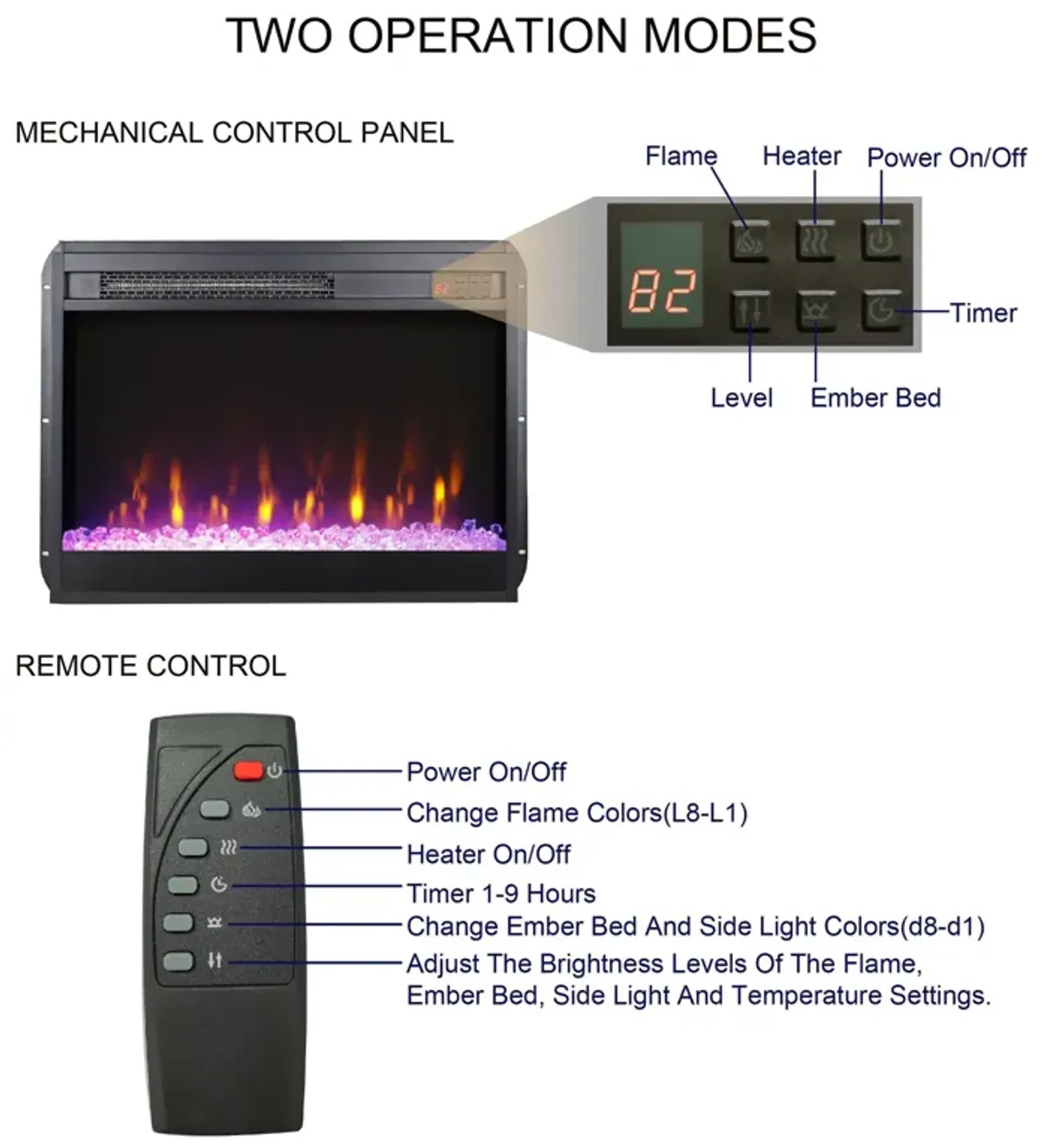 MONDAWE 23 Inch Electric Fireplace Insert, Ultra Thin Heater With Crystal  & Realistic Flame, Remote Control With timer, Side Light