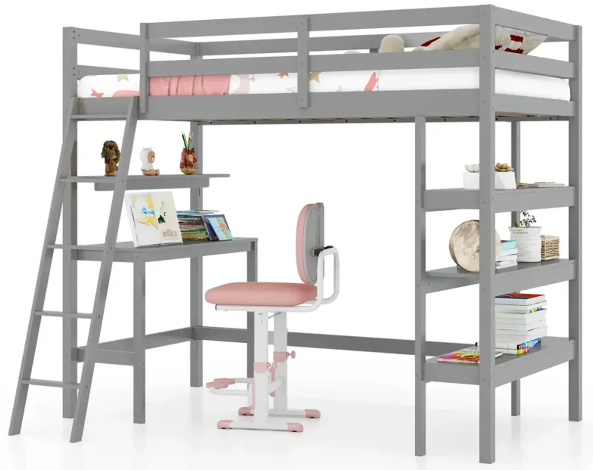 Twin Size Loft Bed with Desk and Bookshelves for Kids and Teens