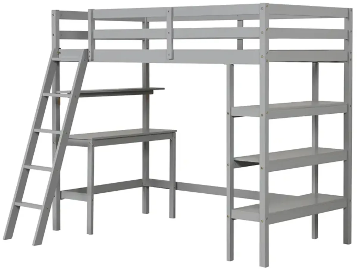 Twin Size Loft Bed with Desk and Bookshelves for Kids and Teens