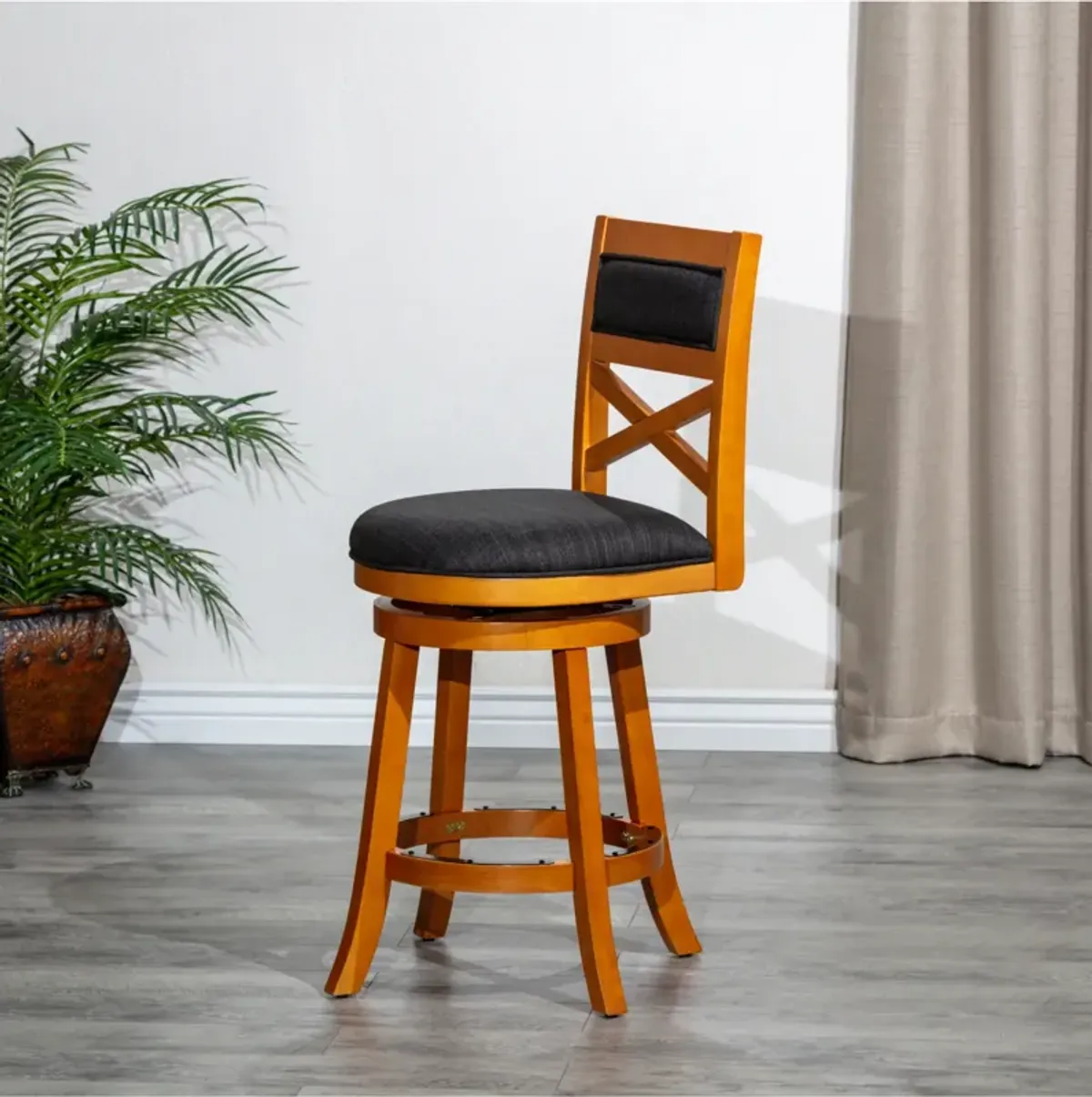 24" Counter Height X-Back Swivel Stool, Natural Finish, Charcoal Fabric Seat