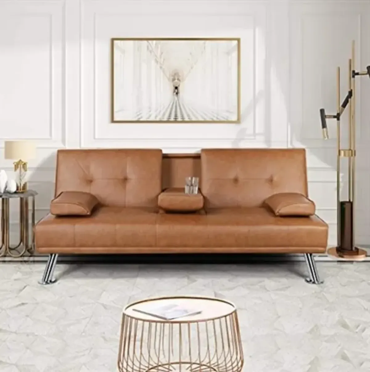 Modern Faux Leather Convertible Sofa Bed Futon with Cup Holders