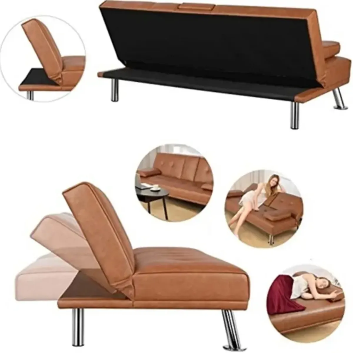 Modern Faux Leather Convertible Sofa Bed Futon with Cup Holders