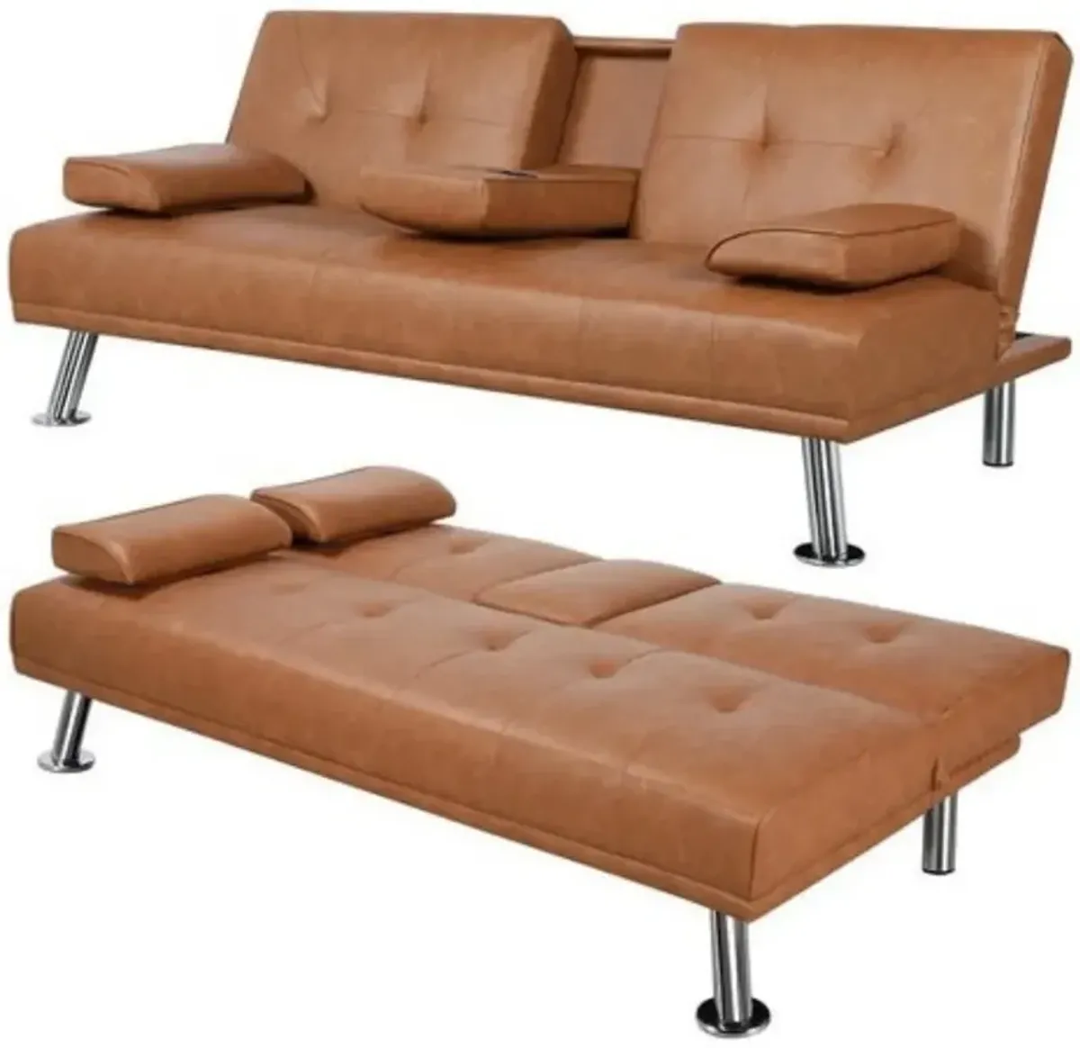 Modern Faux Leather Convertible Sofa Bed Futon with Cup Holders