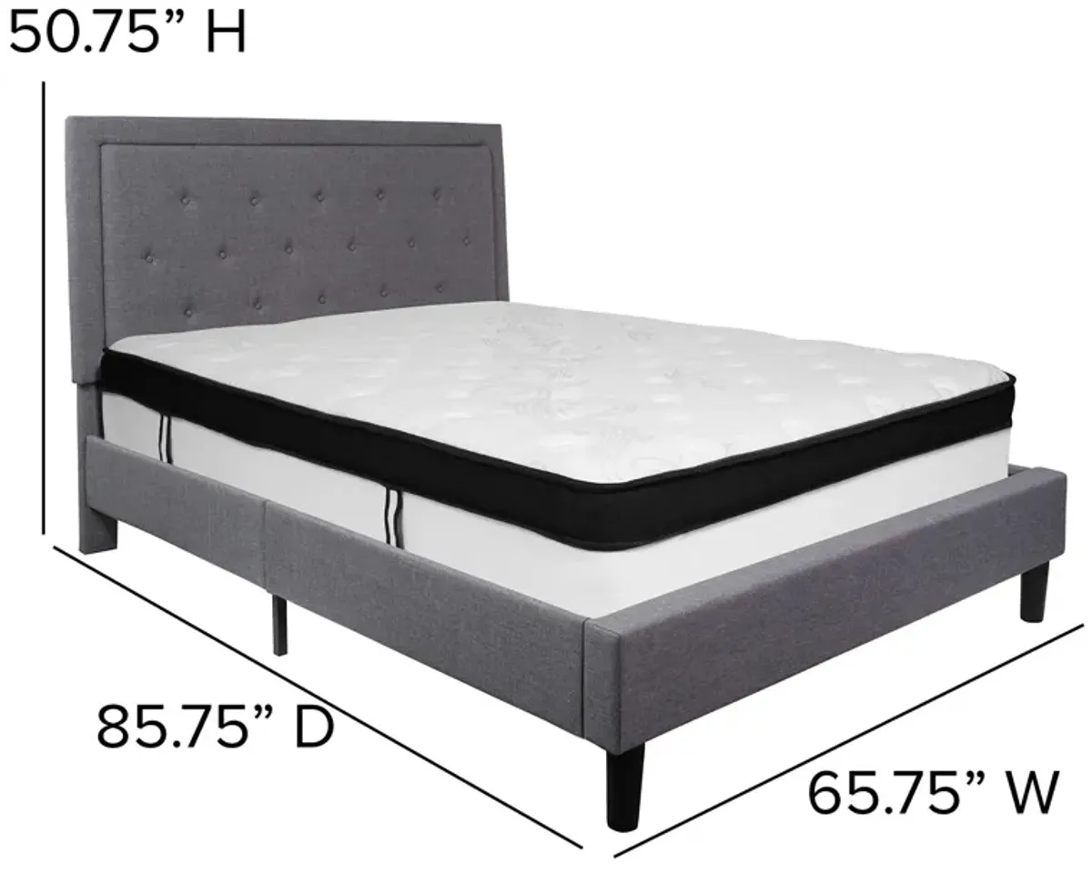 Roxbury Queen Size Tufted Upholstered Platform Bed in Light Gray Fabric with Memory Foam Mattress