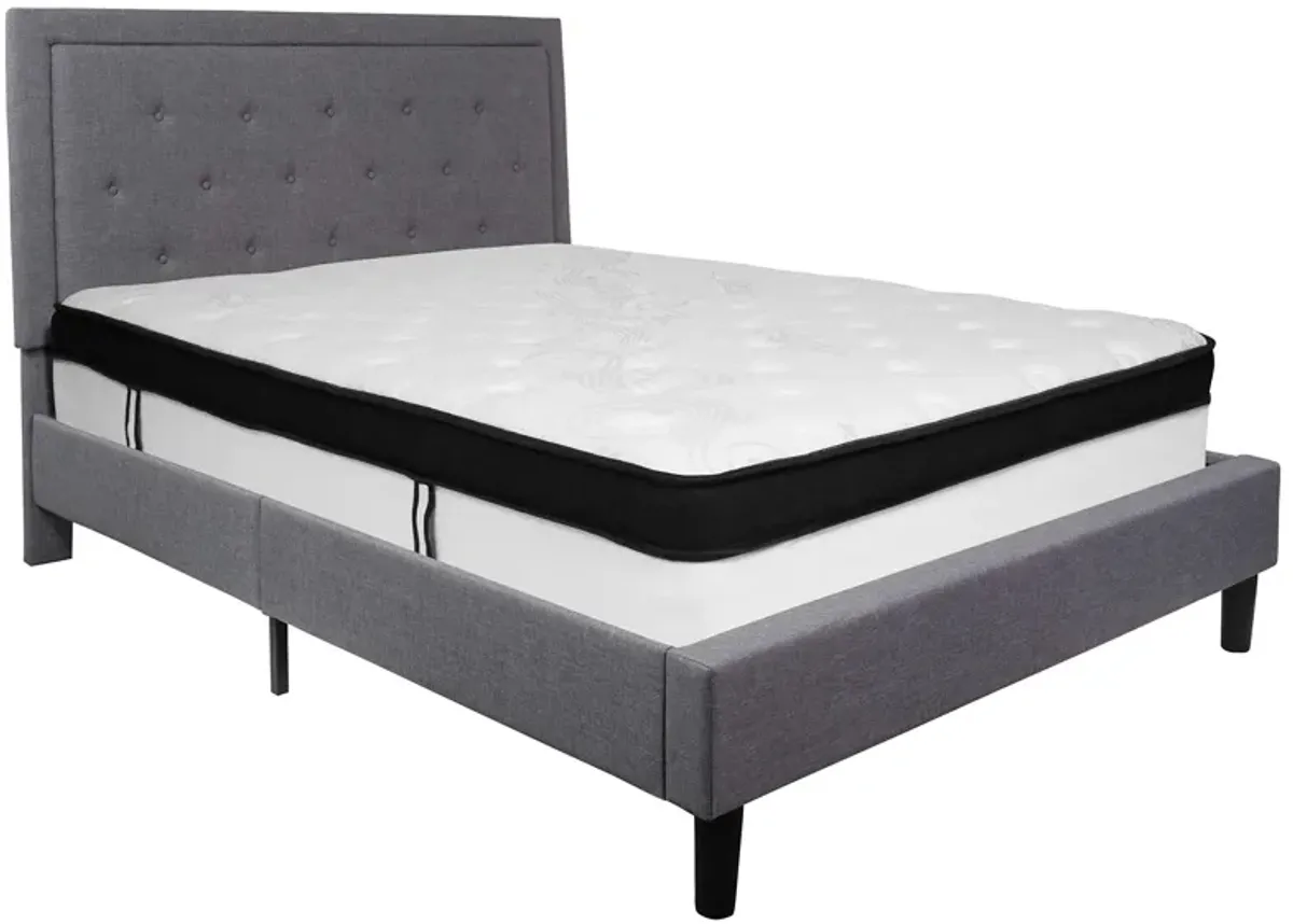 Roxbury Queen Size Tufted Upholstered Platform Bed in Light Gray Fabric with Memory Foam Mattress