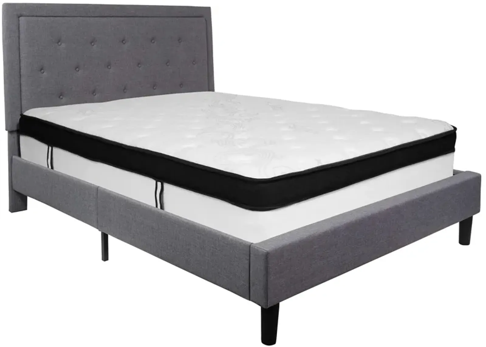 Roxbury Queen Size Tufted Upholstered Platform Bed in Light Gray Fabric with Memory Foam Mattress