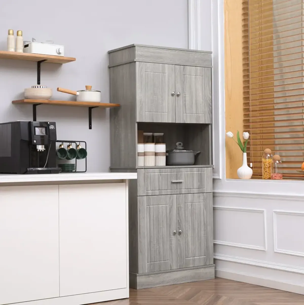 Gray Wood Kitchen Hutch: 72" Cabinet with Drawer & Countertop