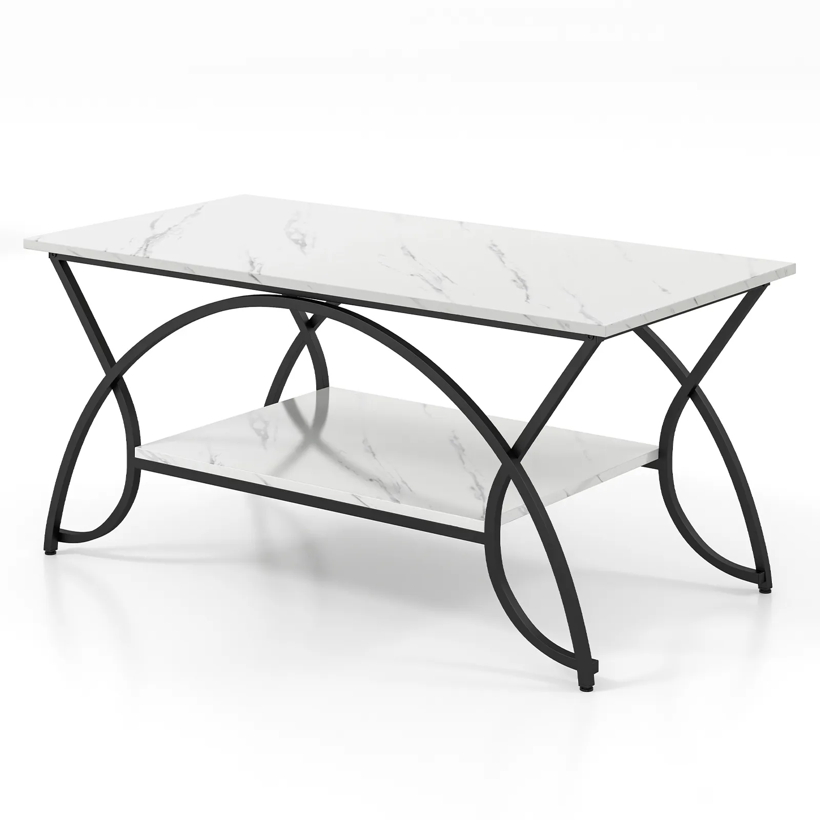 2-Tier Faux Marble Coffee Table with Marble Top and Metal Frame