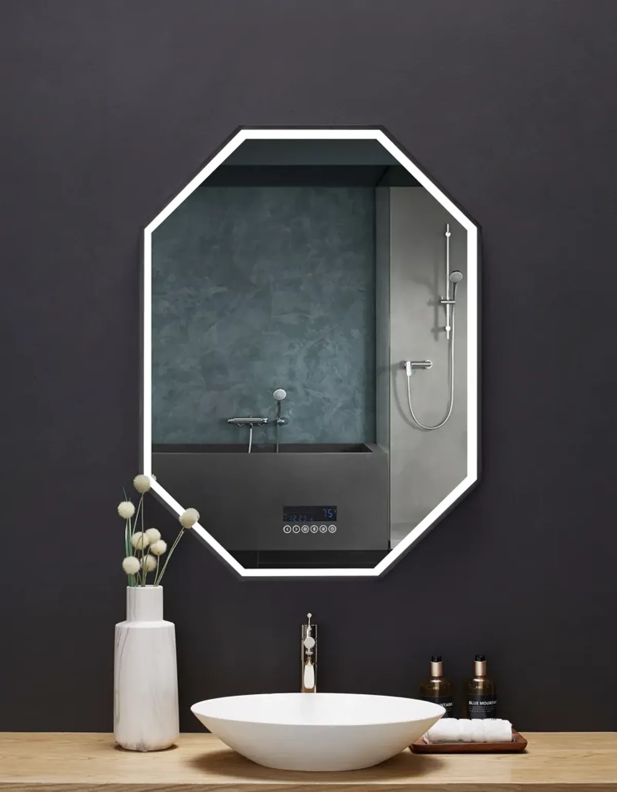 OTTO LED Octagon Black Framed Mirror with Bluetooth and Digital Display