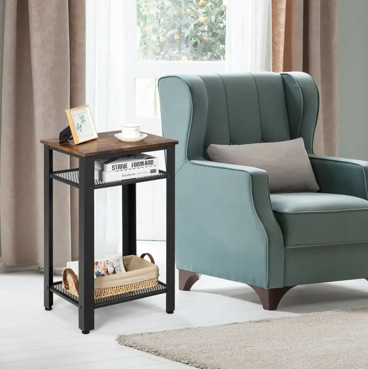 3-Tier Industrial End Table with Metal Mesh Storage Shelves