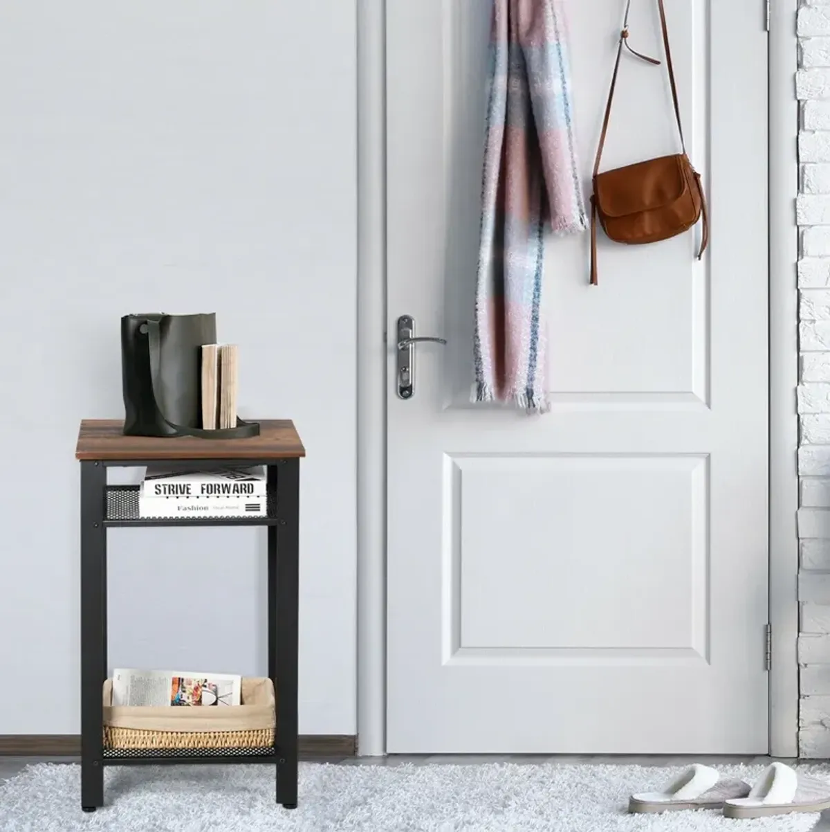 3-Tier Industrial End Table with Metal Mesh Storage Shelves