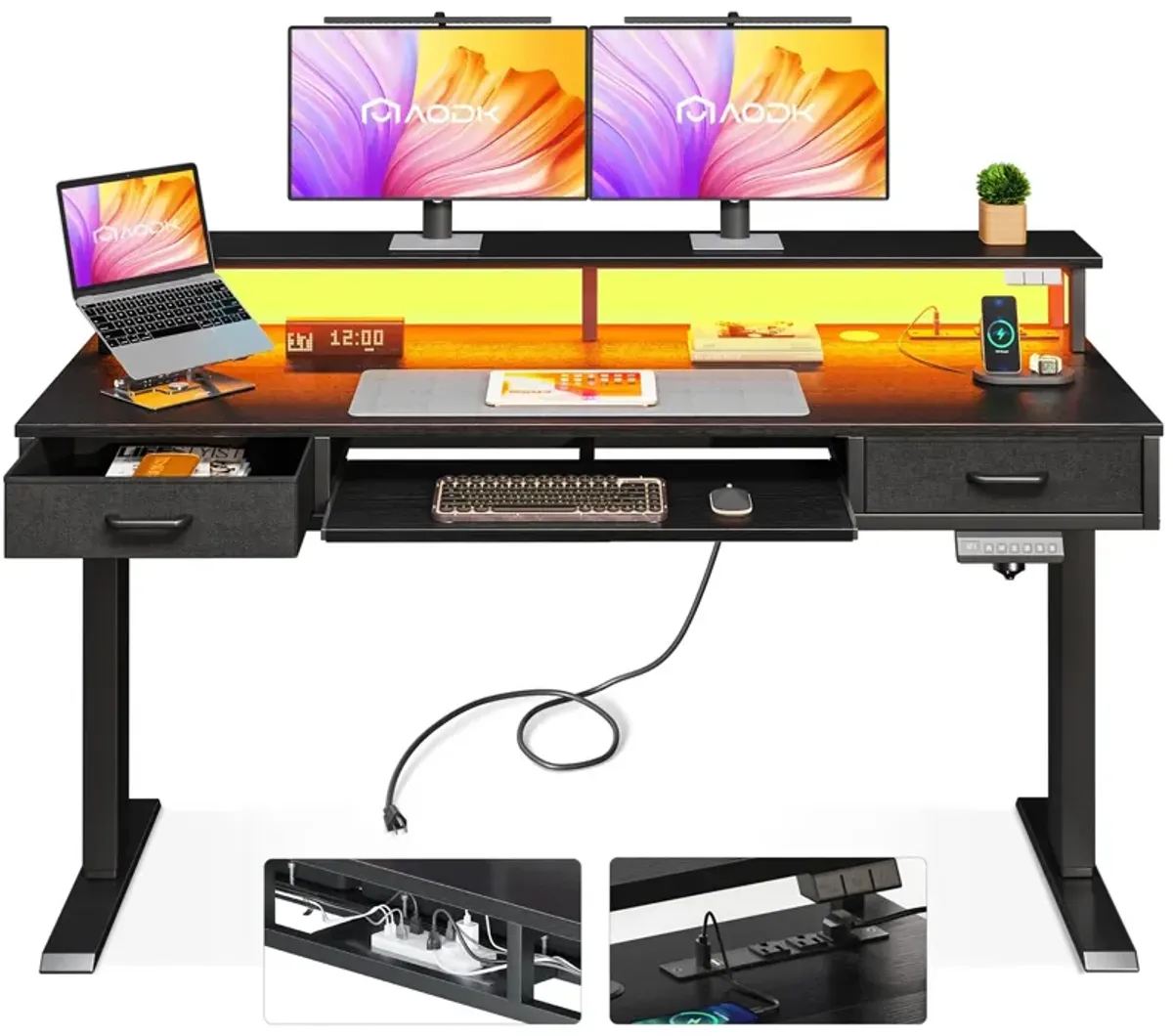 AODK Electric Standing Desk with Drawers & Keyboard Tray, 55 Inch Height Adjustable Desk with Power Outlets & LED Lights, Sit St