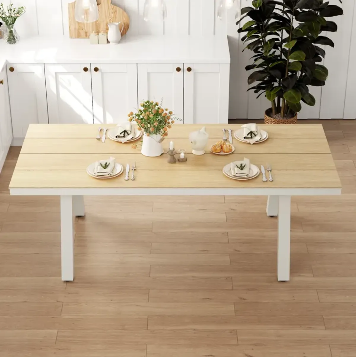 FUFU&GAGA Modern Wood Grain Dining Table with Light Gray Iron Legs (86.6" W x 38.4" D x 30.2" H), Wood Grain