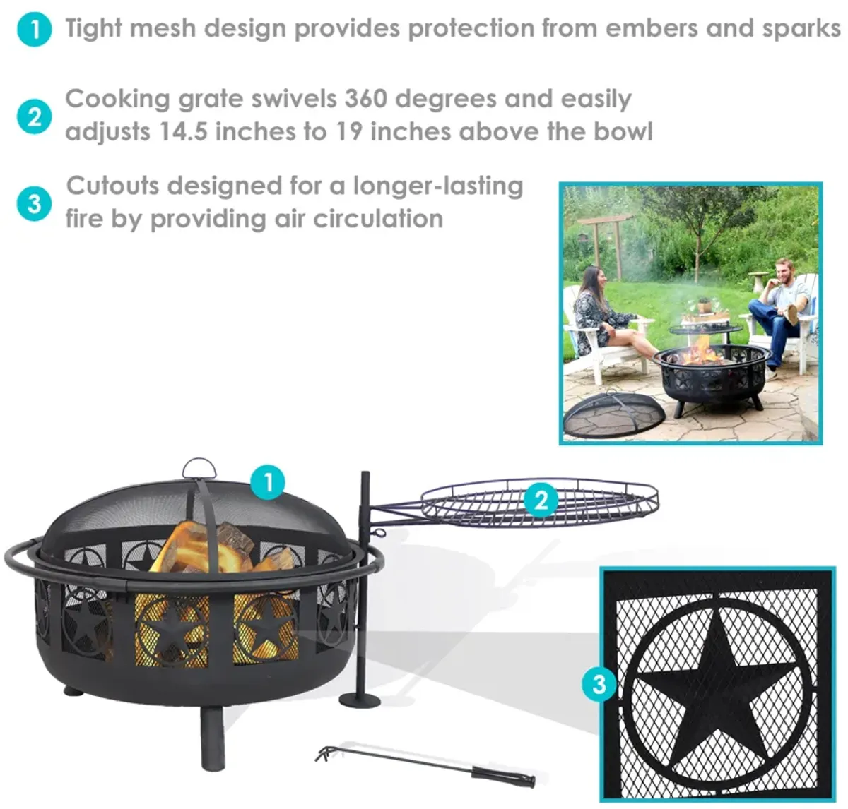 Sunnydaze 30 in All Star Steel Fire Pit with Cooking Grate and Spark Screen