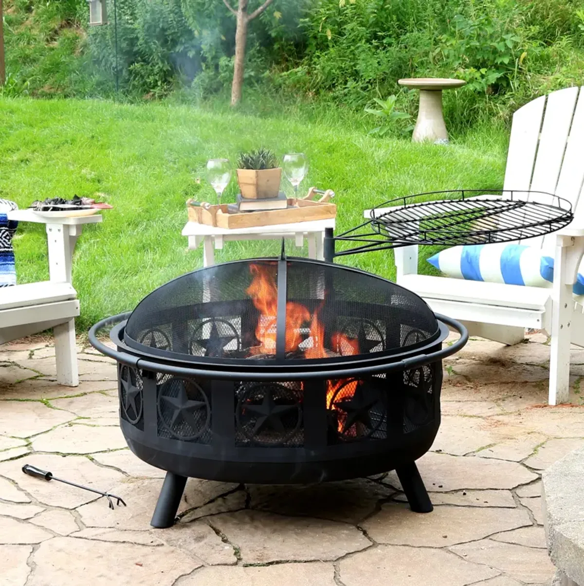 Sunnydaze 30 in All Star Steel Fire Pit with Cooking Grate and Spark Screen