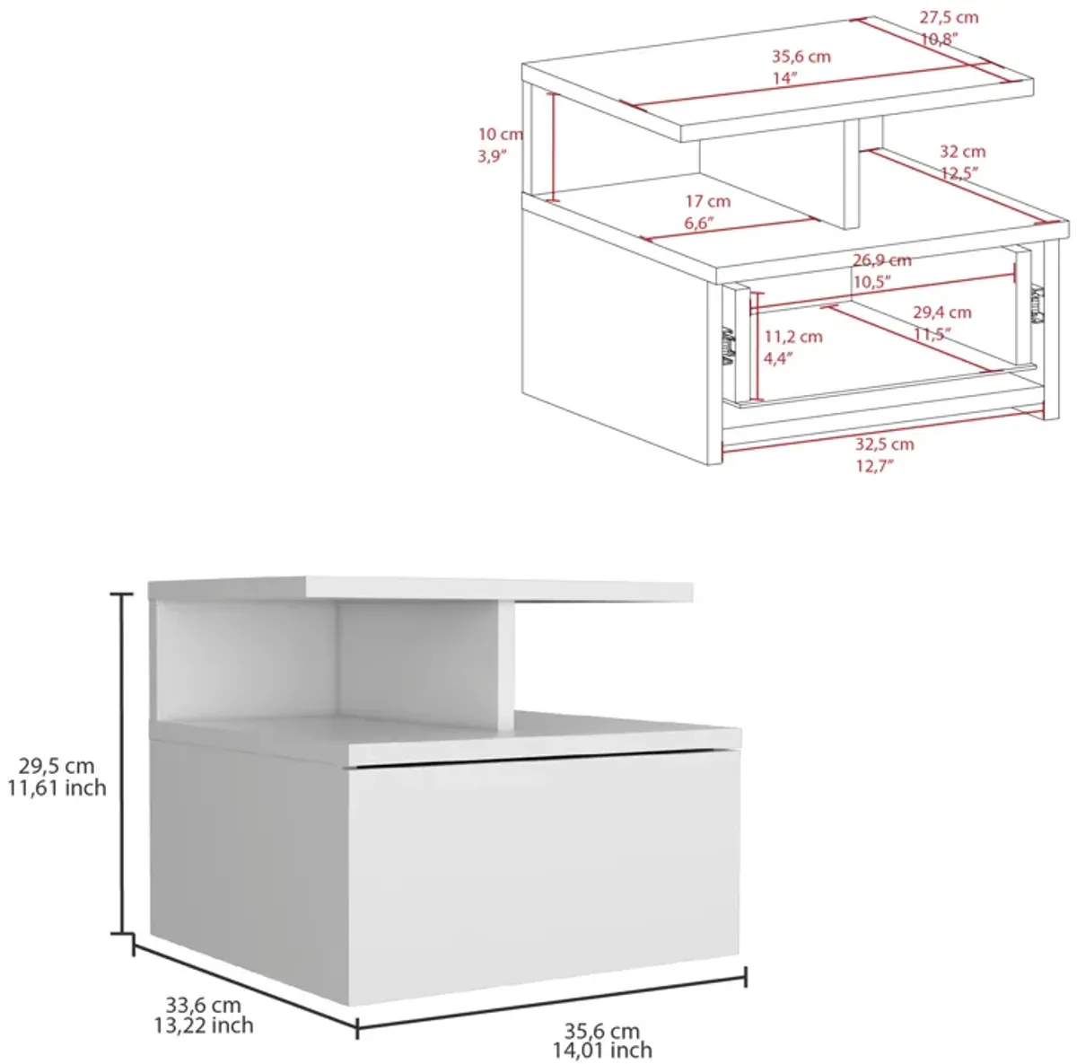 Adele Floating Nightstand with Drawer and Open Storage Shelves- White