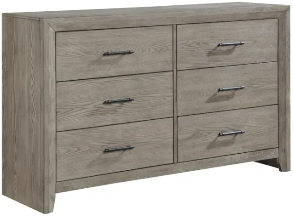 Laso 61 Inch Wide Dresser, 6 Drawers w Metal Handles, Gray Acacia Wood - Benzara